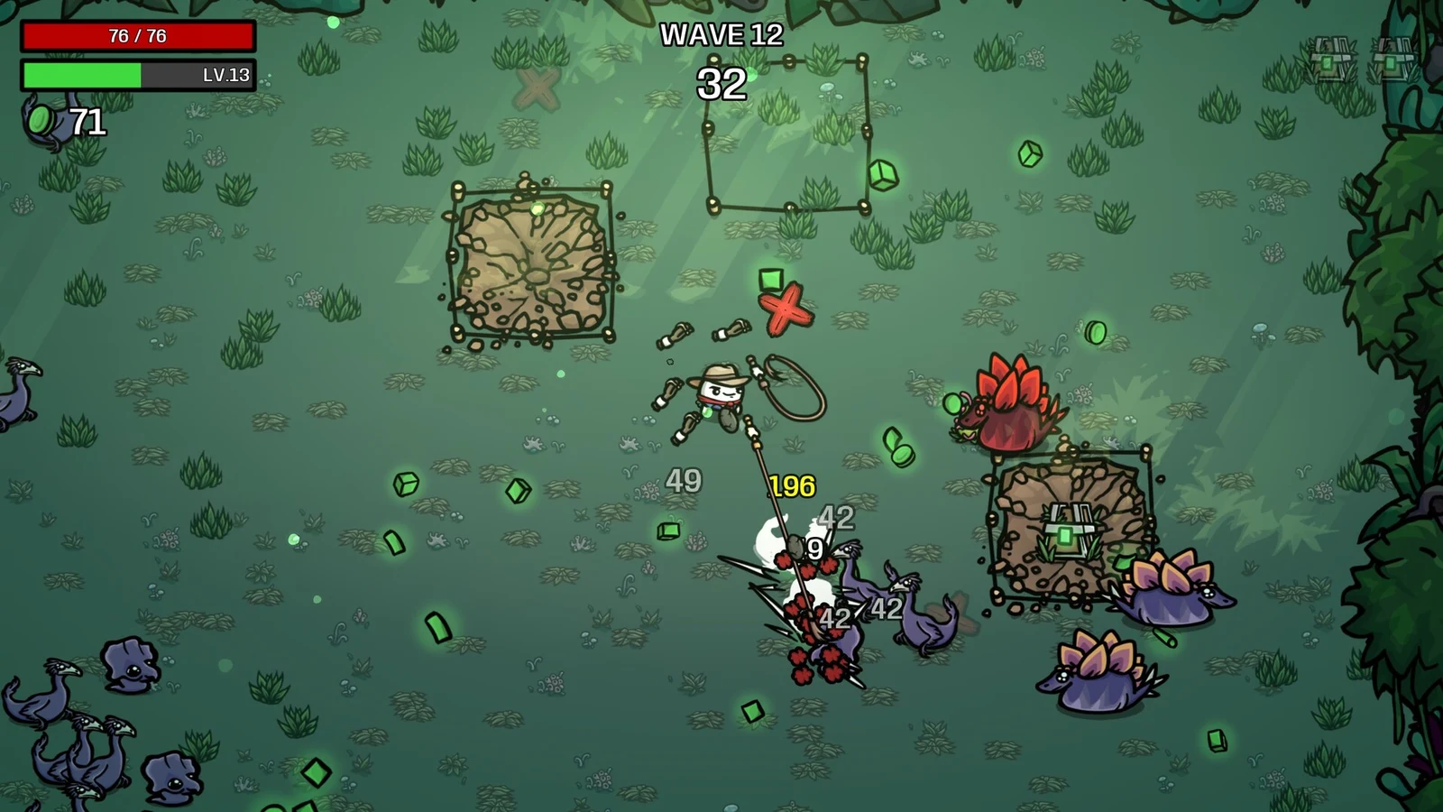 Official Brotato Primal Dread screenshot showing an armed potato character fighting enemies in the green jungle arena