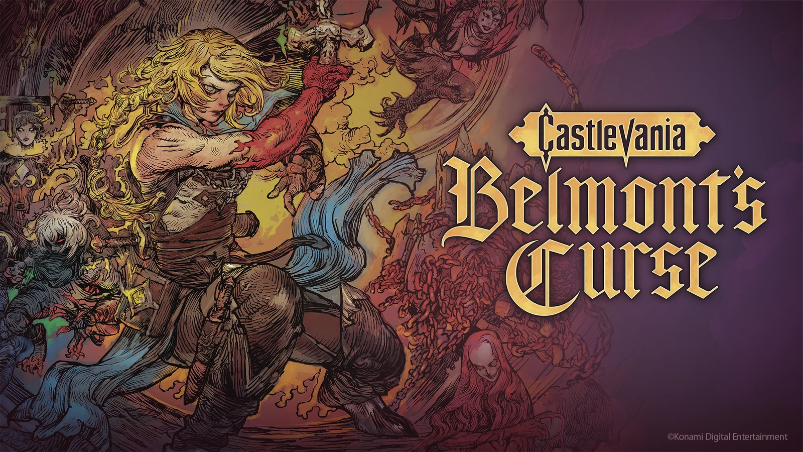 Official Castlevania: Belmont's Curse key art shows Rose Belmont wielding her whip beside the game logo and surrounding characters.