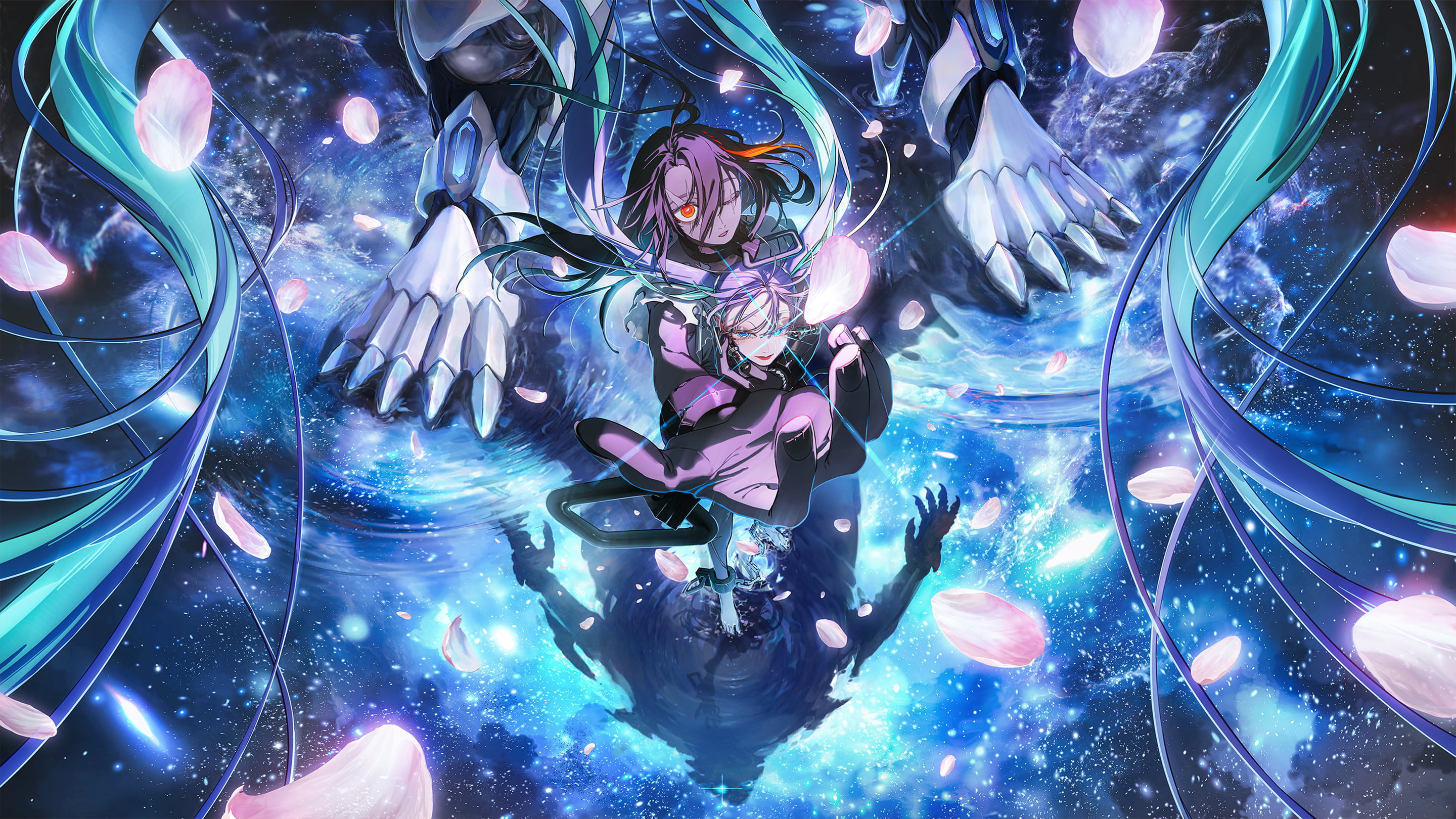 Official Star Chaser Aspal teaser visual with two characters over a starry sea and a large armored figure behind them.