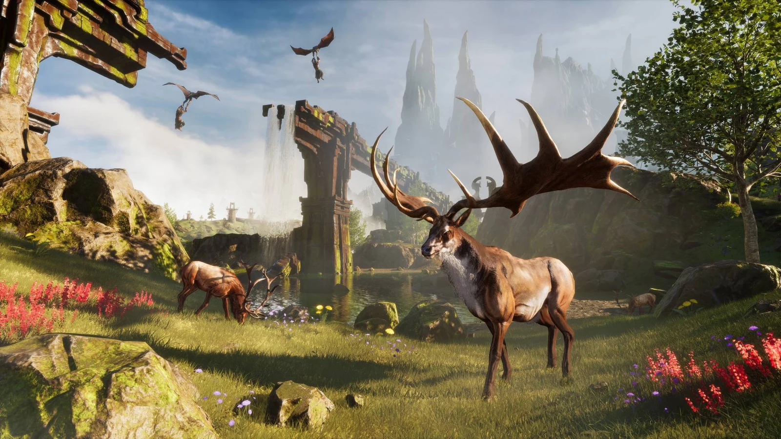 A large antlered deer stands among wildlife, ancient ruins and greenery in an official Conan Exiles Enhanced environment image.