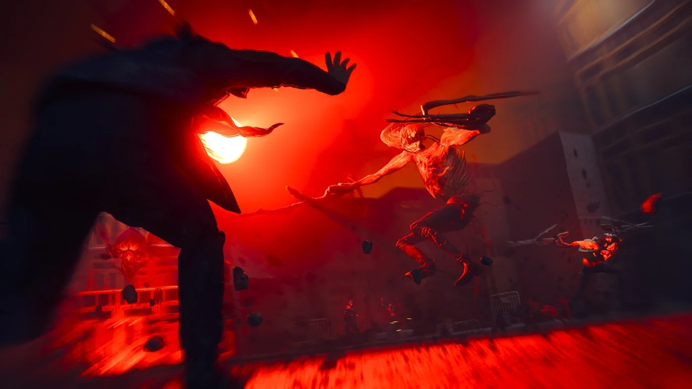 Official CONTROL Resonant gameplay screenshot showing Dylan Faden fighting a Hiss-corrupted enemy mid-air, bathed in red light.