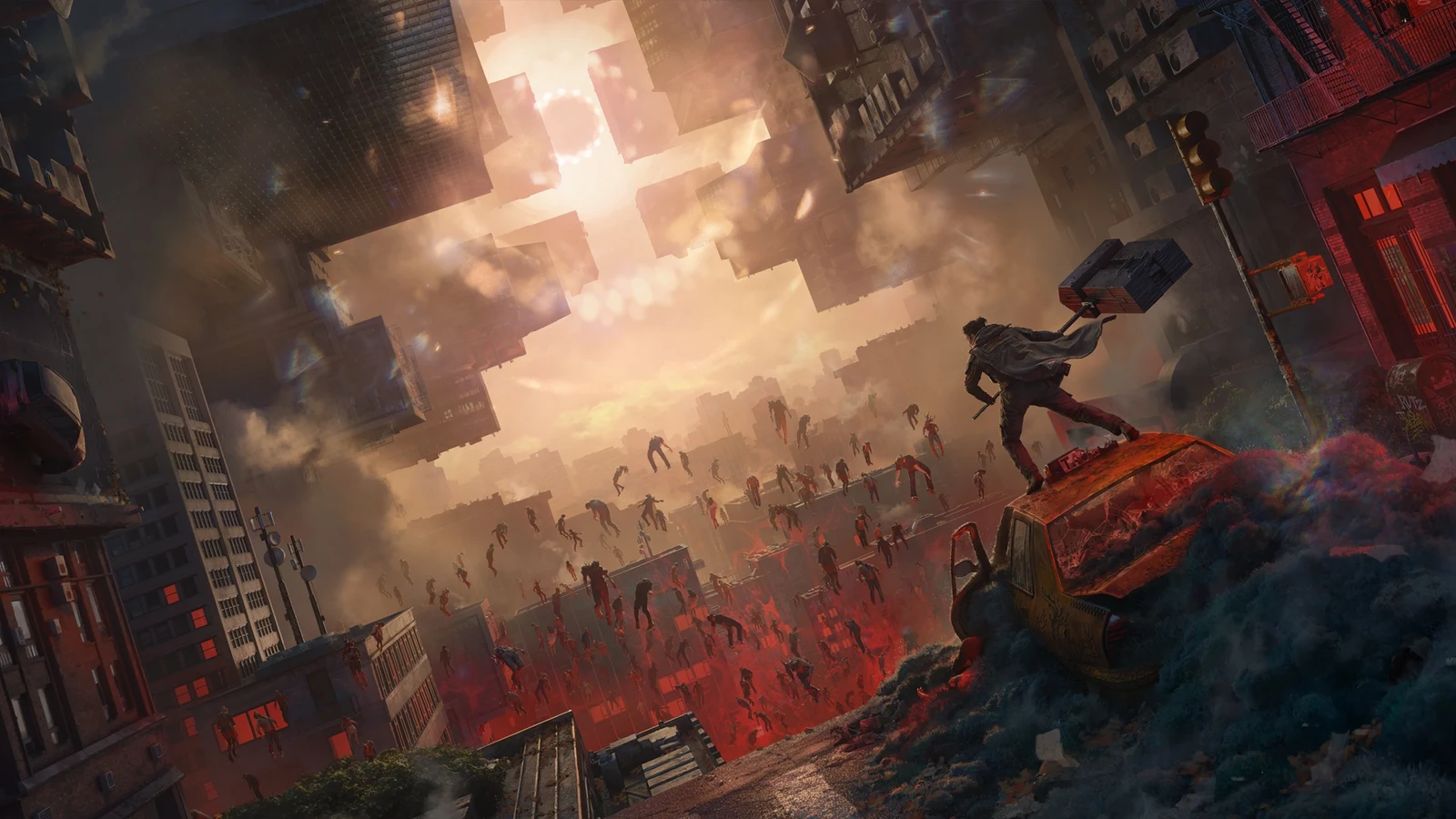 Official CONTROL Resonant key art showing Dylan Faden standing atop an overturned car above a horde of Hiss-corrupted enemies, with the Board's shifting geometric form looming in the sky over Manhattan.