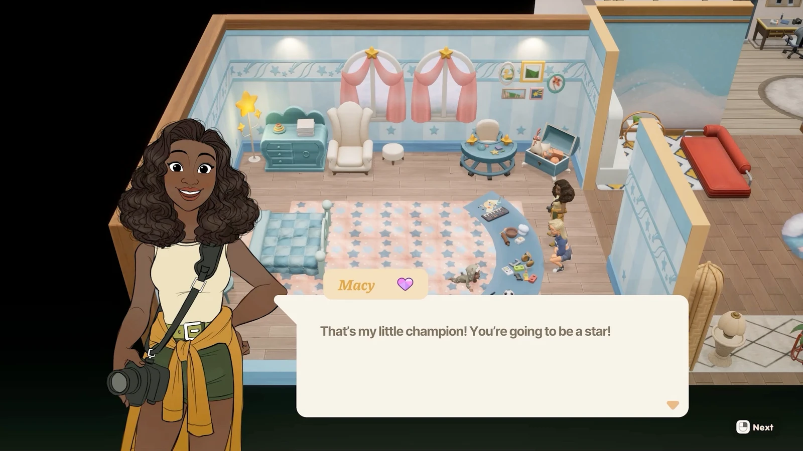 Macy speaks during a family scene in a star-themed nursery in Coral Island.