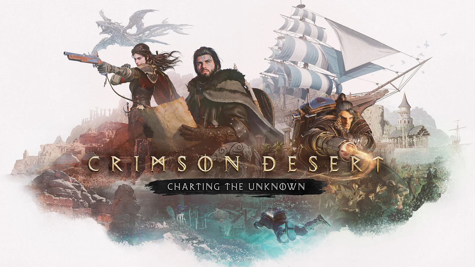 Official Charting the Unknown artwork showing Crimson Desert's three protagonists, a sailing ship and underwater exploration.