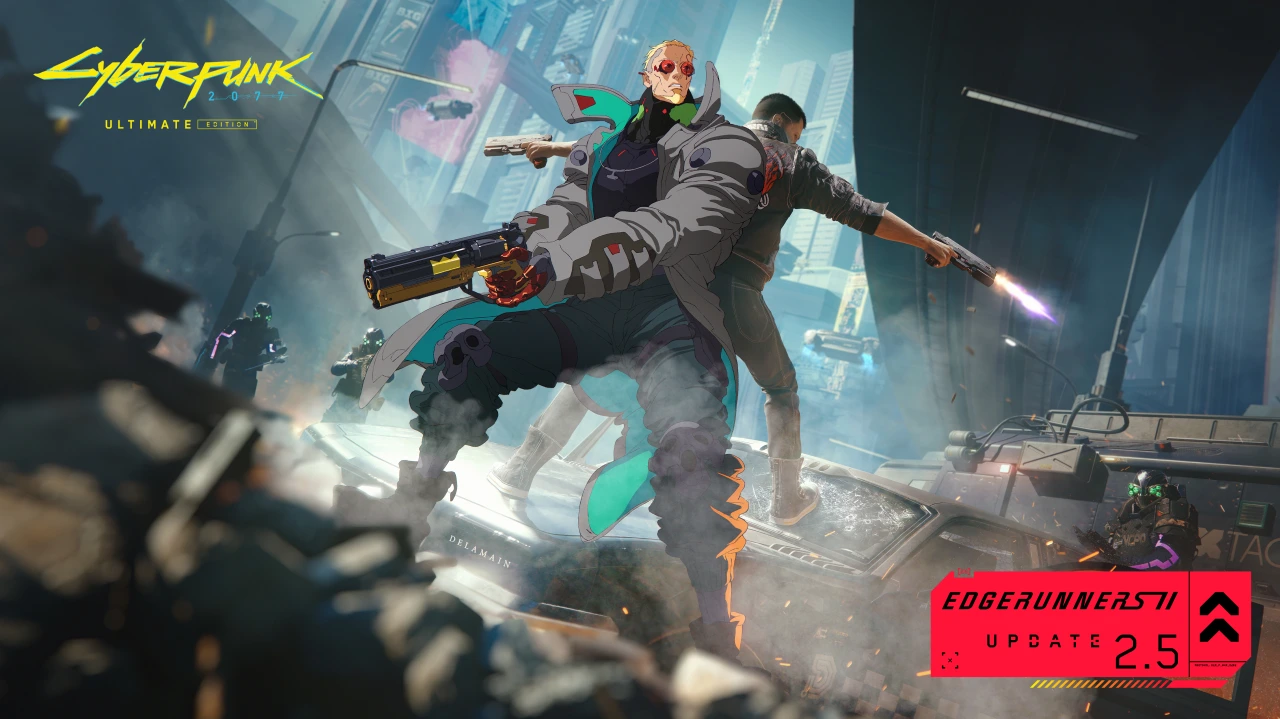 Official Cyberpunk 2077 Update 2.5 illustration showing Weak Kingsley and V back to back with weapons in Night City.