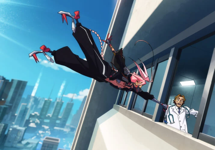 Talia Yang dives from a building in an official Cyberpunk: Edgerunners 2 image.