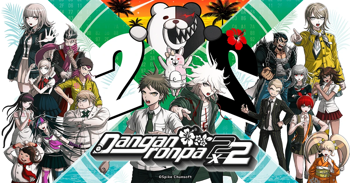 Official key art for Danganronpa 2x2, showing the full cast of Danganronpa 2: Goodbye Despair with Monokuma and the game's logo.