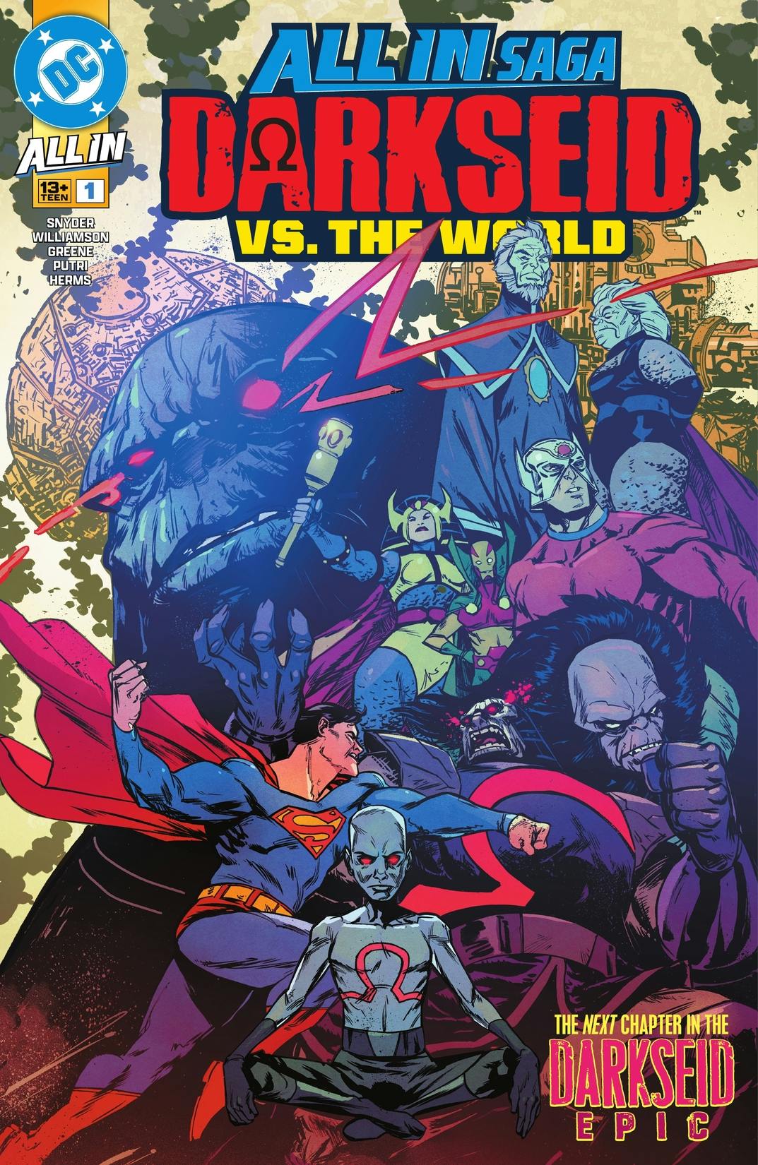 Darkseid and Fourth World characters surround Superman on Sanford Greene's cover for DC All In Saga: Darkseid vs. the World #1.