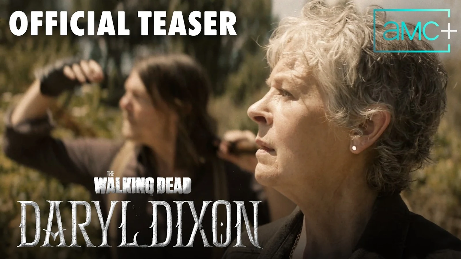 Official AMC+ teaser still of Daryl Dixon and Carol Peletier looking off-screen in a wooded Spanish landscape, with The Walking Dead: Daryl Dixon logo.