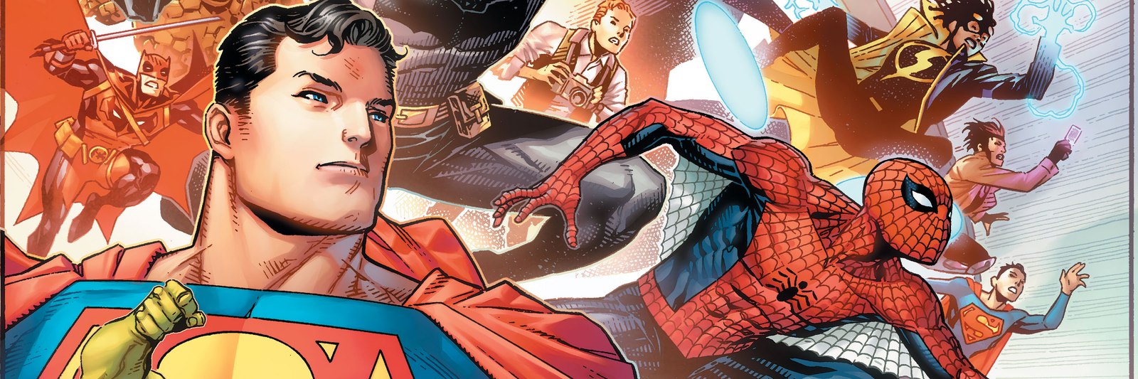 Superman, Spider-Man, Batman and other DC and Marvel characters on the official cover of DC/Marvel: The Cosmic Kiss Caper & Other Stories, art by Jim Cheung.