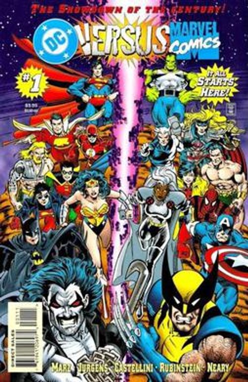 Cover of DC Versus Marvel Comics #1, 1996, art by Dan Jurgens.