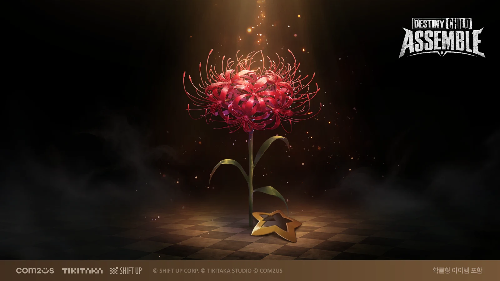 Official Destiny Child: Assemble teaser artwork showing a red resurrection flower, the game logo and the publisher and studio credit strip.