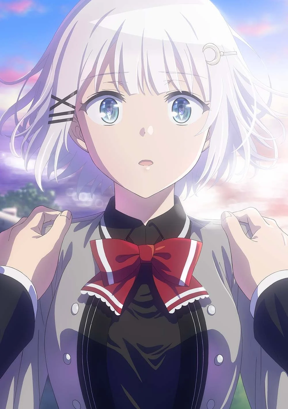 A silver-haired heroine with blue eyes and a red bow in official The Detective Is Already Dead Season 2 promotional artwork.