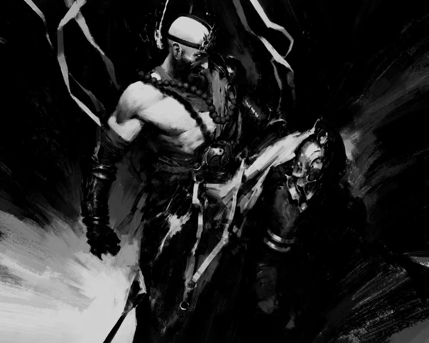 Blizzard Entertainment Official Diablo V concept art of a bald, robed warrior wearing prayer beads, consistent with the returning Monk class.