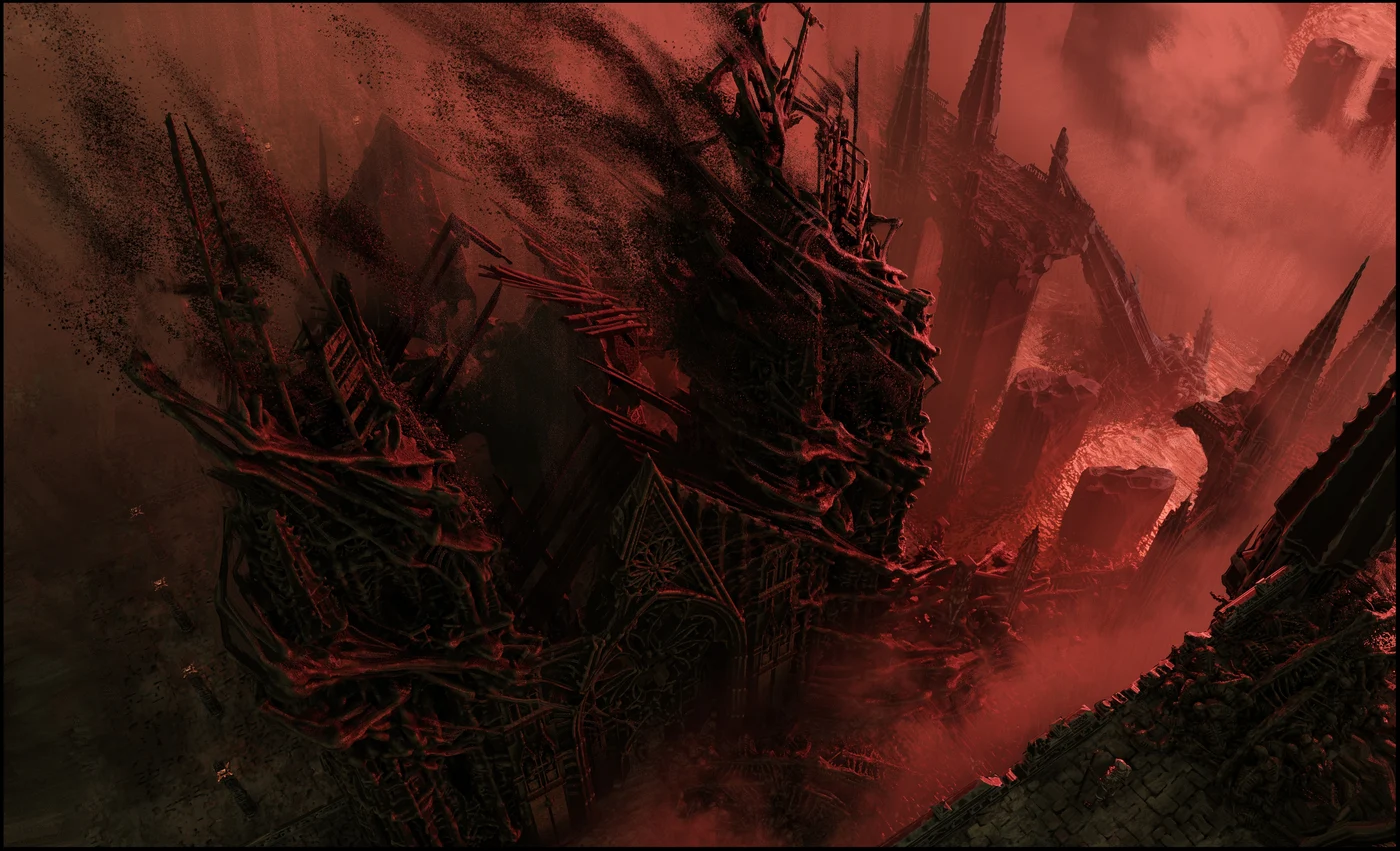 Blizzard Entertainment Official Diablo V concept art showing a ruined, fire-lit cathedral overtaken by corrupted growth.