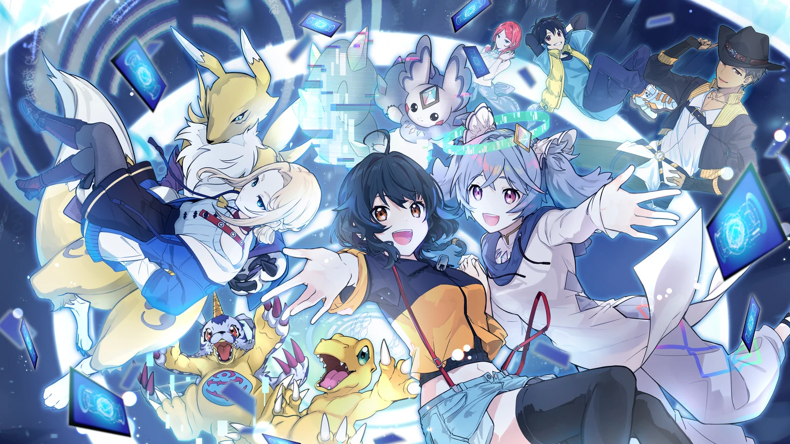Official Digimon Alysion promotional illustration with its human cast, Digimon and floating cards in a blue digital world.