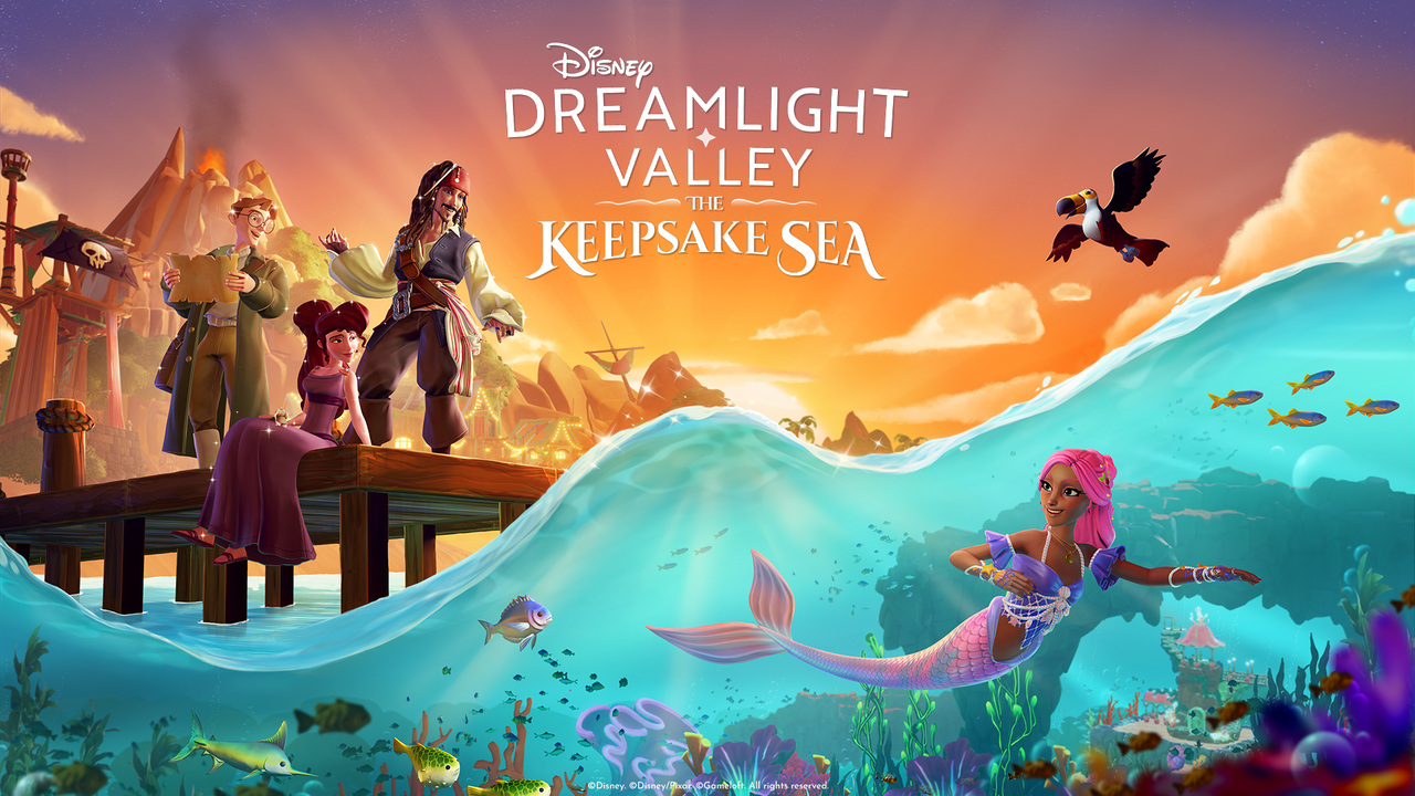 Official The Keepsake Sea artwork showing Milo Thatch, Megara and Jack Sparrow above water, with a merfolk character swimming below.