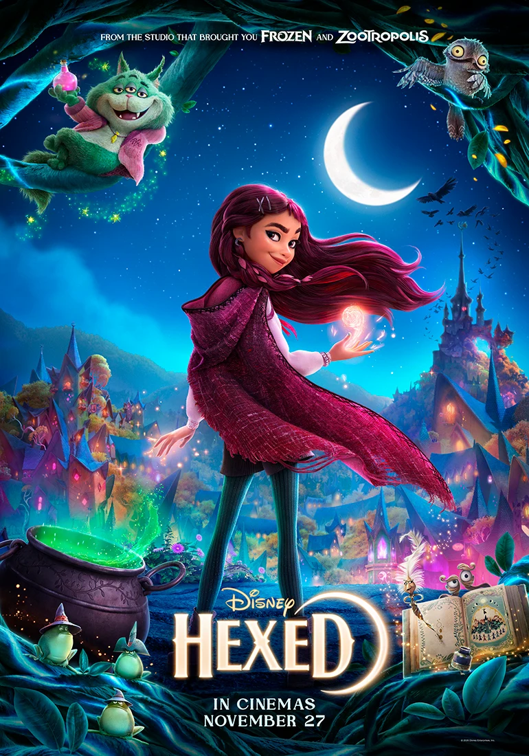Billie Doe holds a glowing orb beneath creatures in the trees on Disney’s official Hexed UK poster, marked In Cinemas November 27.
