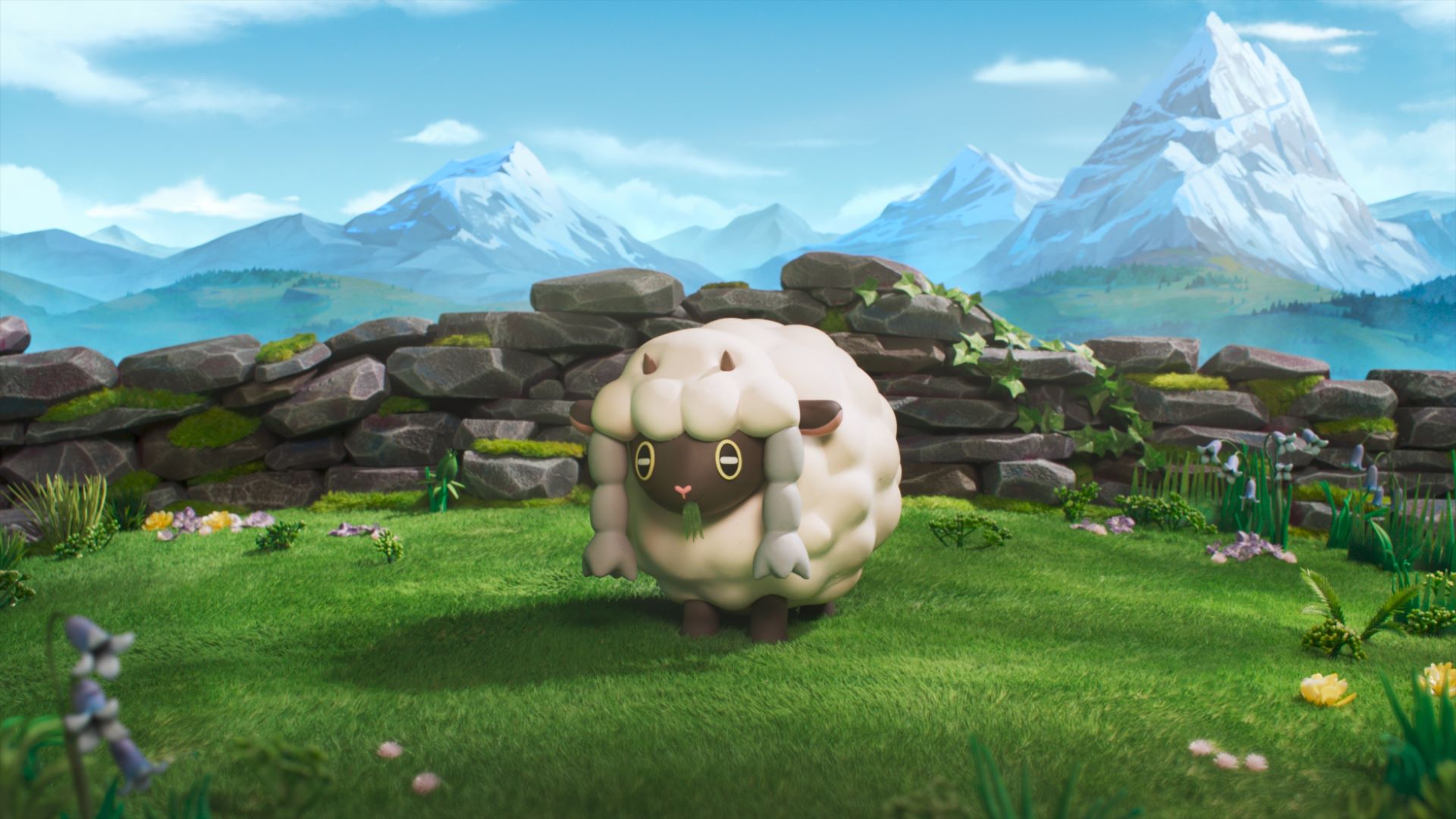 A Wooloo standing in a handcrafted Galar landscape from Aardman's Pokémon Tales production.