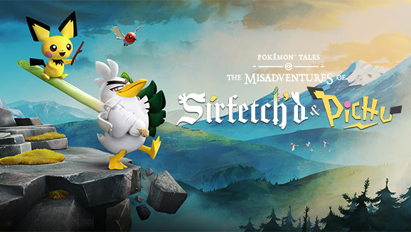 Official artwork for Pokémon Tales: The Misadventures of Sirfetch'd & Pichu, featuring Sirfetch'd and Pichu in the Galar region.