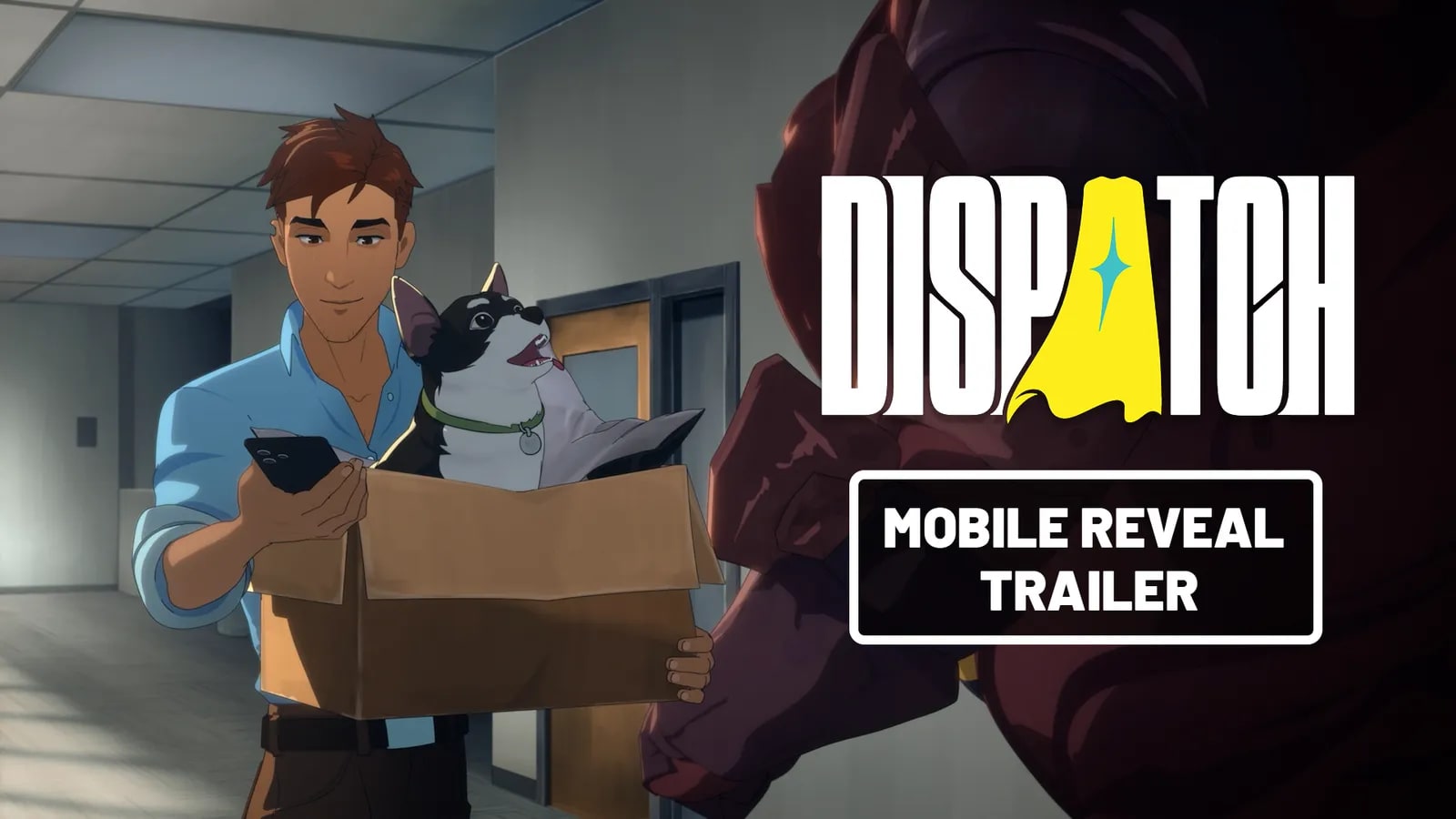 Robert Robertson carrying a box containing a black-and-white pet in official Dispatch mobile reveal artwork.