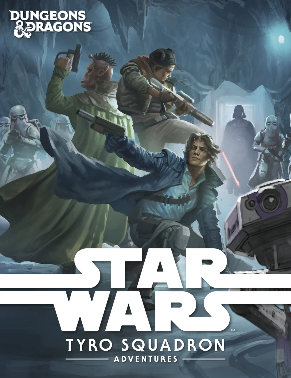 Announcement cover for Dungeons & Dragons Star Wars Tyro Squadron Adventures, showing armed adventurers, stormtroopers and Darth Vader.