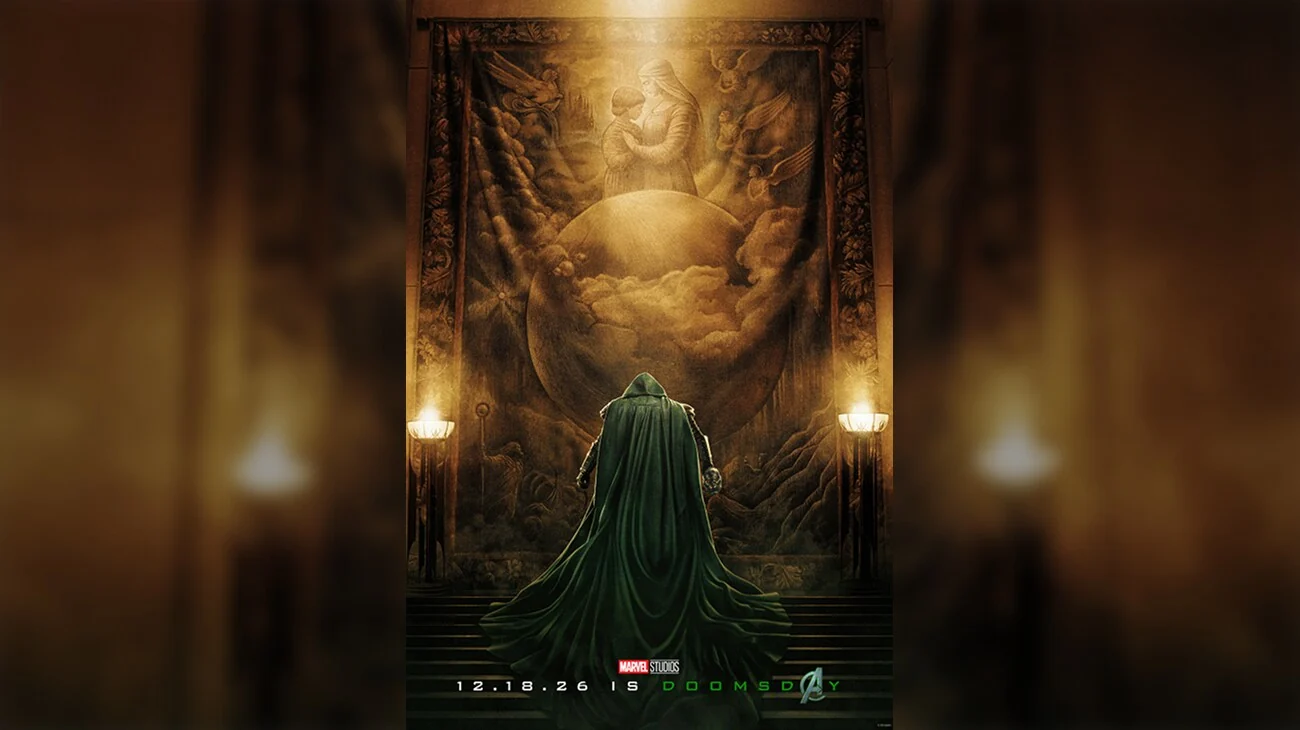 Doctor Doom standing before an ornate tapestry in Avengers: Doomsday promotional artwork