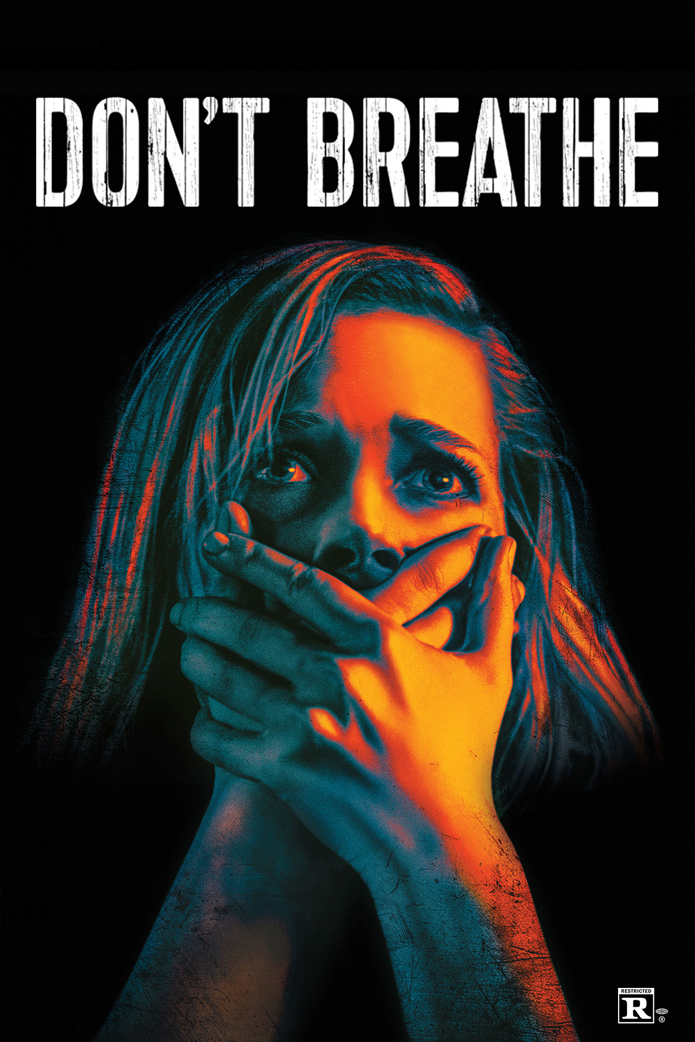 Official poster for the 2016 Don't Breathe, showing a frightened woman with a hand over her mouth.