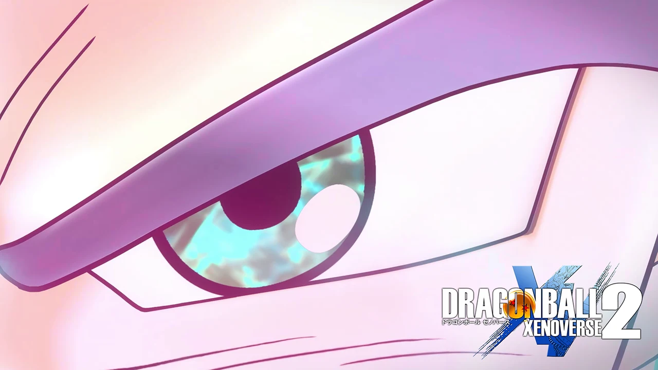 A close-up of a character's eye in pink-tinted official Dragon Ball Xenoverse 2 Future Saga Chapter 4 teaser artwork, with the game logo.