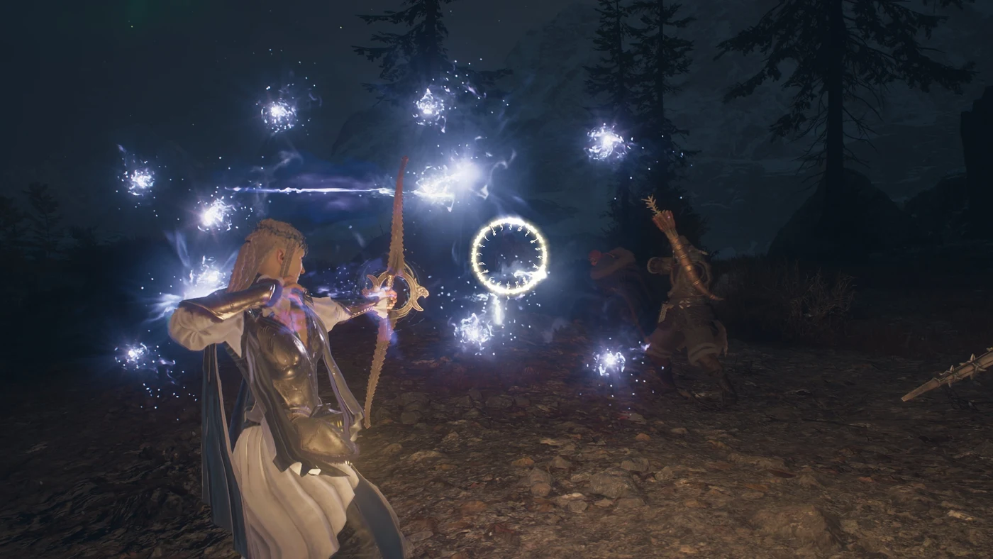 A spellcaster wielding a magic bow surrounded by glowing orbs in combat in Dragon's Dogma 2: Dark Arisen.