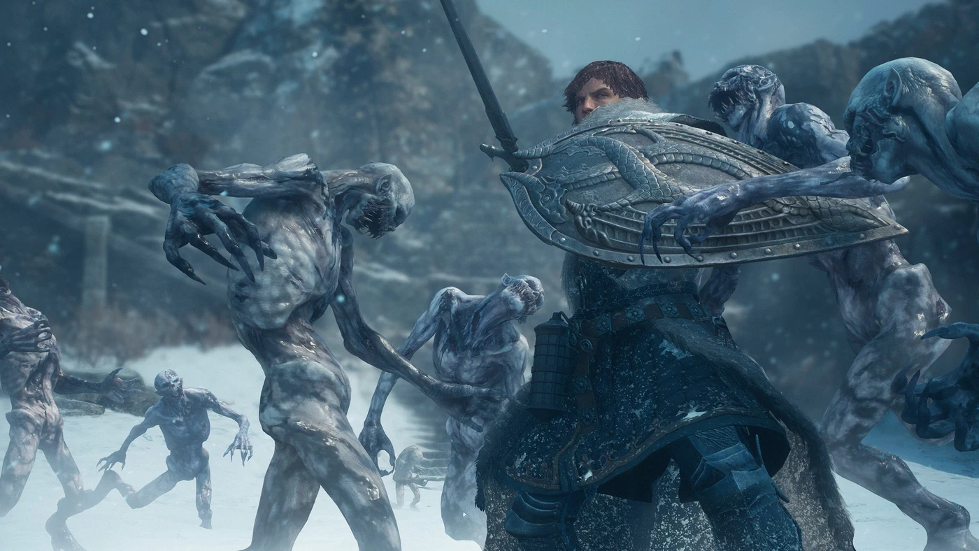 The Arisen defends against a swarm of pale, clawed humanoid enemies in the snow in Dragon's Dogma 2: Dark Arisen.