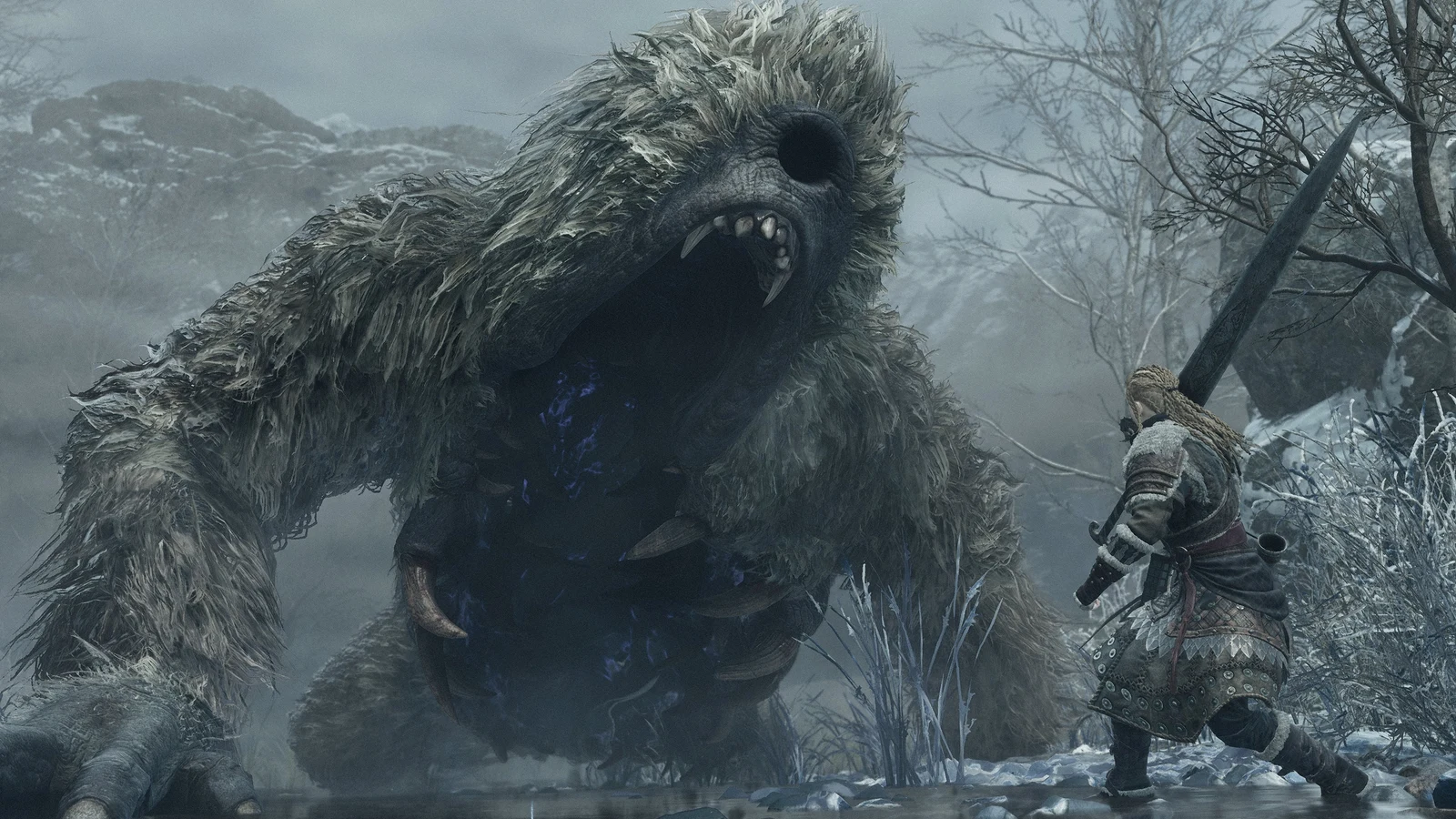 The Arisen confronts a massive fur-covered enemy in the snowy region of Norgan in Dragon's Dogma 2: Dark Arisen.