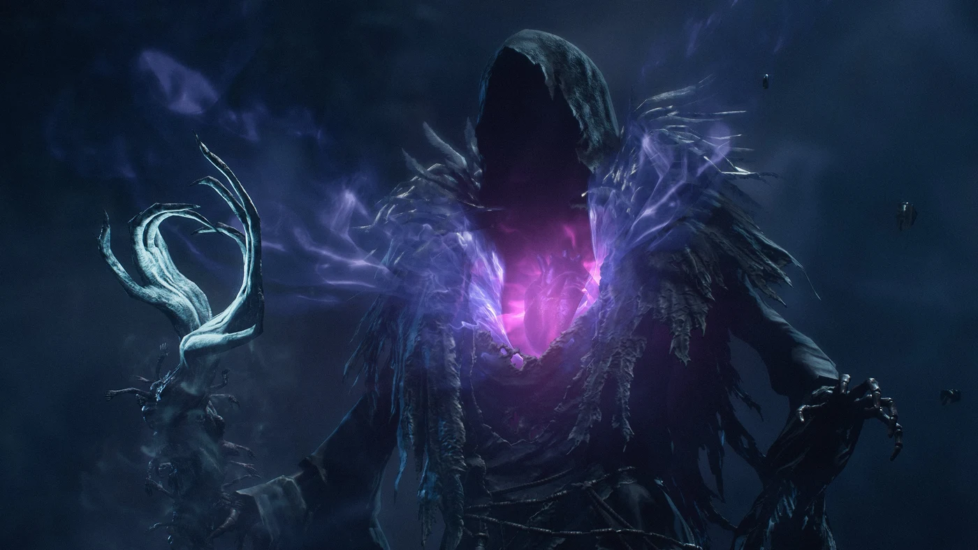 A hooded enemy with a glowing heart visible through its tattered robes in Dragon's Dogma 2: Dark Arisen.