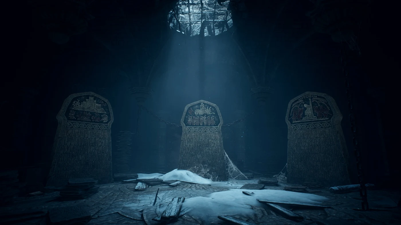 A snow-covered ruined chamber with ancient rune-carved stones, part of a Lost Rites dungeon in Dragon's Dogma 2: Dark Arisen.