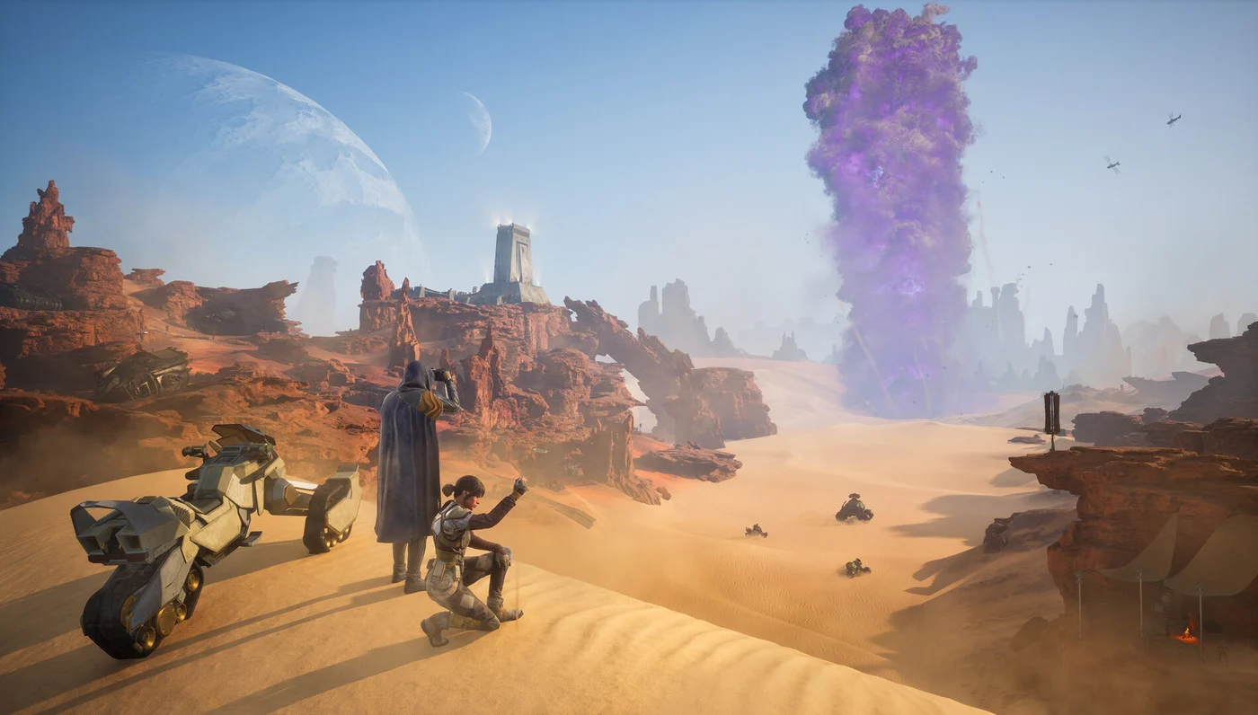 Official Dune: Awakening screenshot of two characters overlooking a purple spice explosion in the desert of Arrakis, with vehicles and a distant outpost visible.