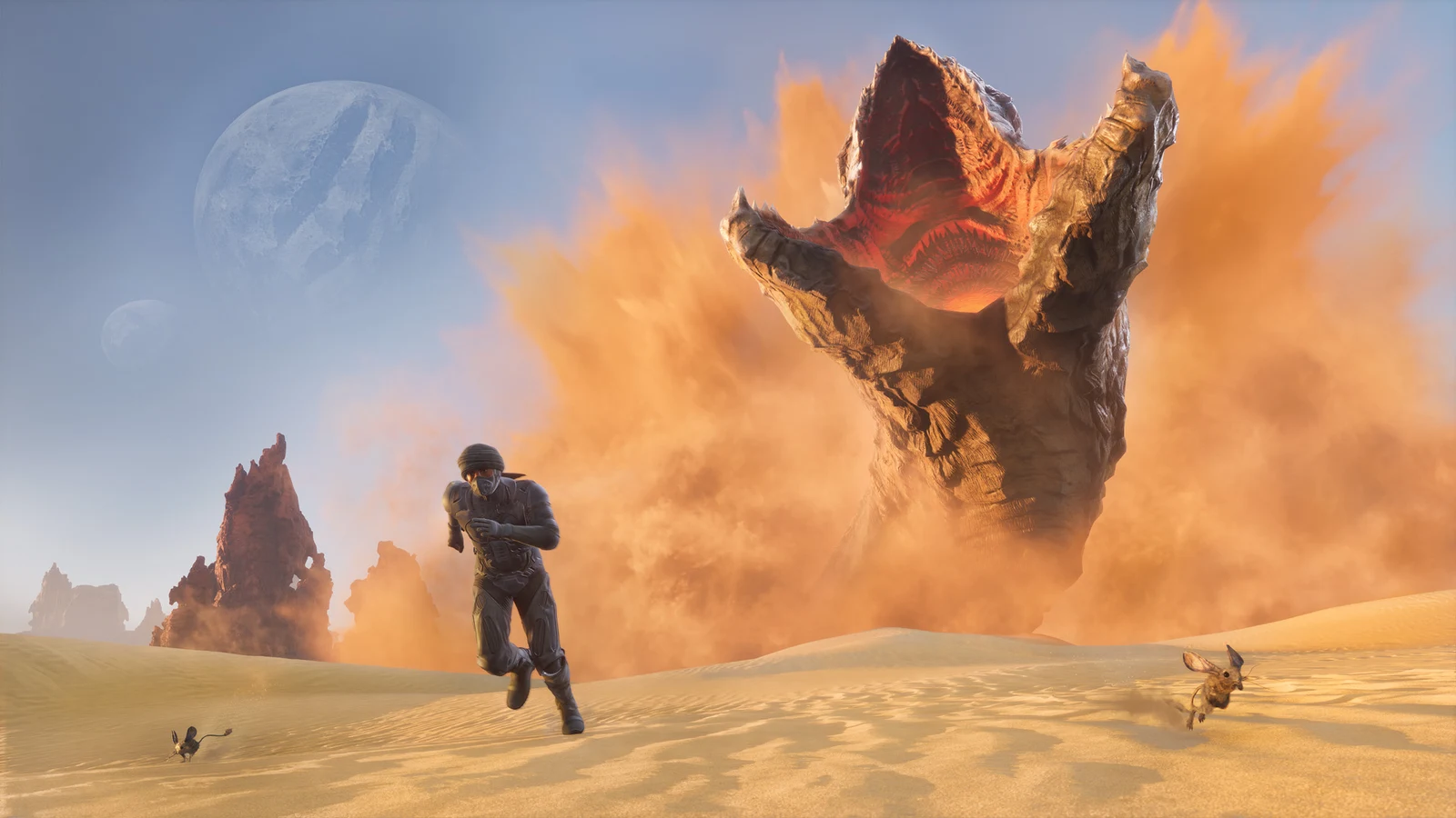 Official Dune: Awakening key art showing a player character fleeing a massive sandworm erupting from the desert on Arrakis.