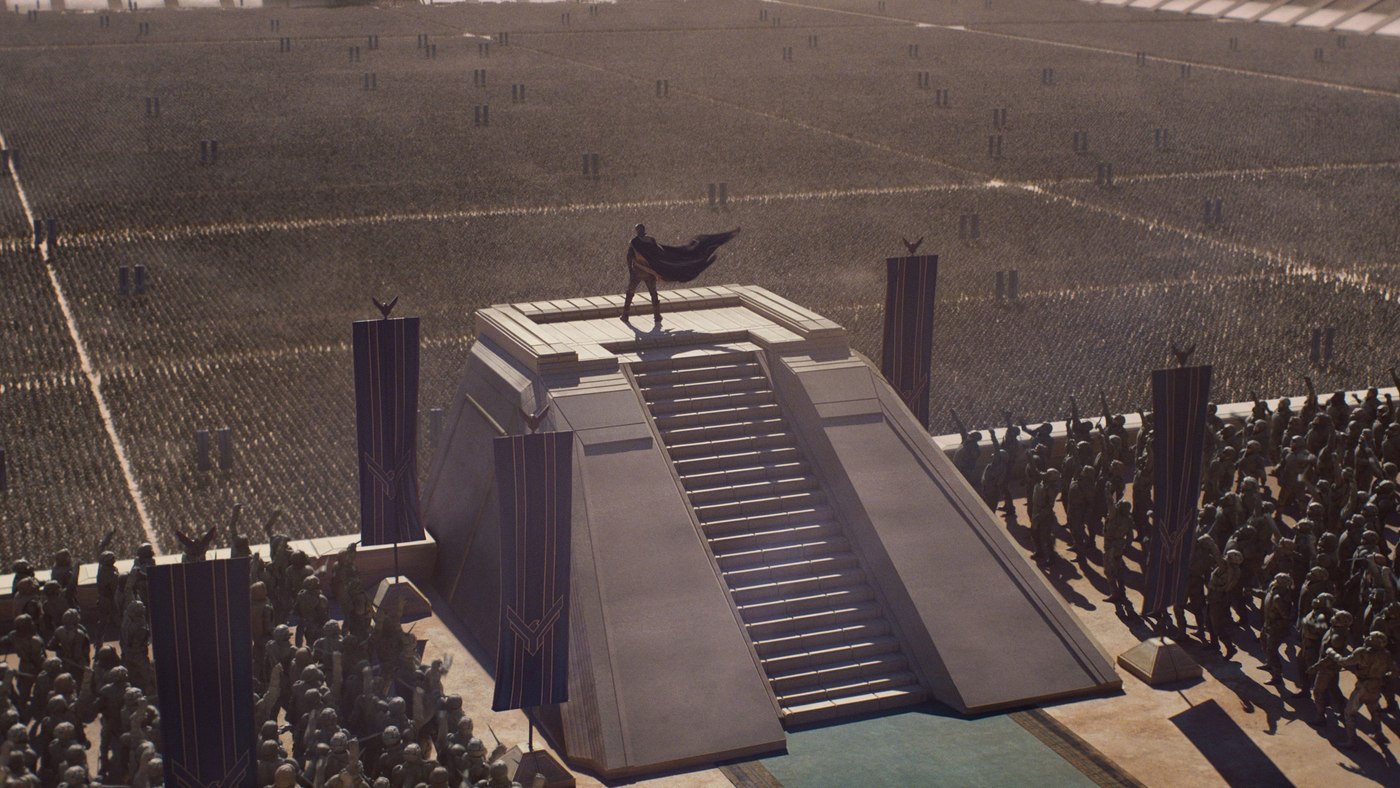 Paul Atreides addressing a massed army from atop a dais in Dune: Part Three.