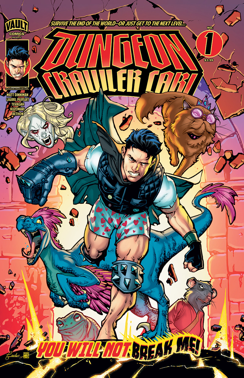 Carl and Princess Donut battle fantasy creatures on Nathan Gooden’s cover artwork for Dungeon Crawler Carl #1.