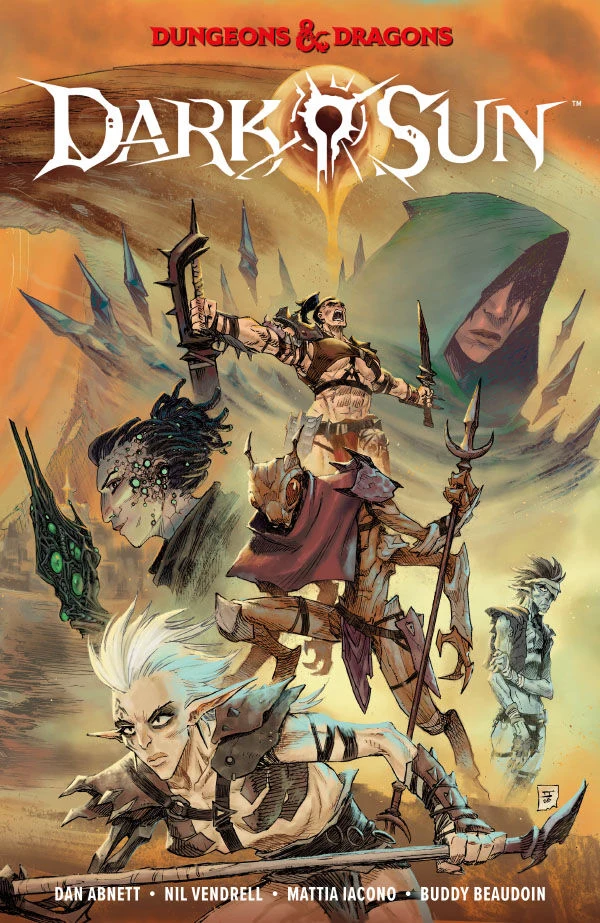 Jeff Stokely's Dark Sun Volume 1 cover, with armed adventurers surrounded by jagged rocks beneath an orange sky.
