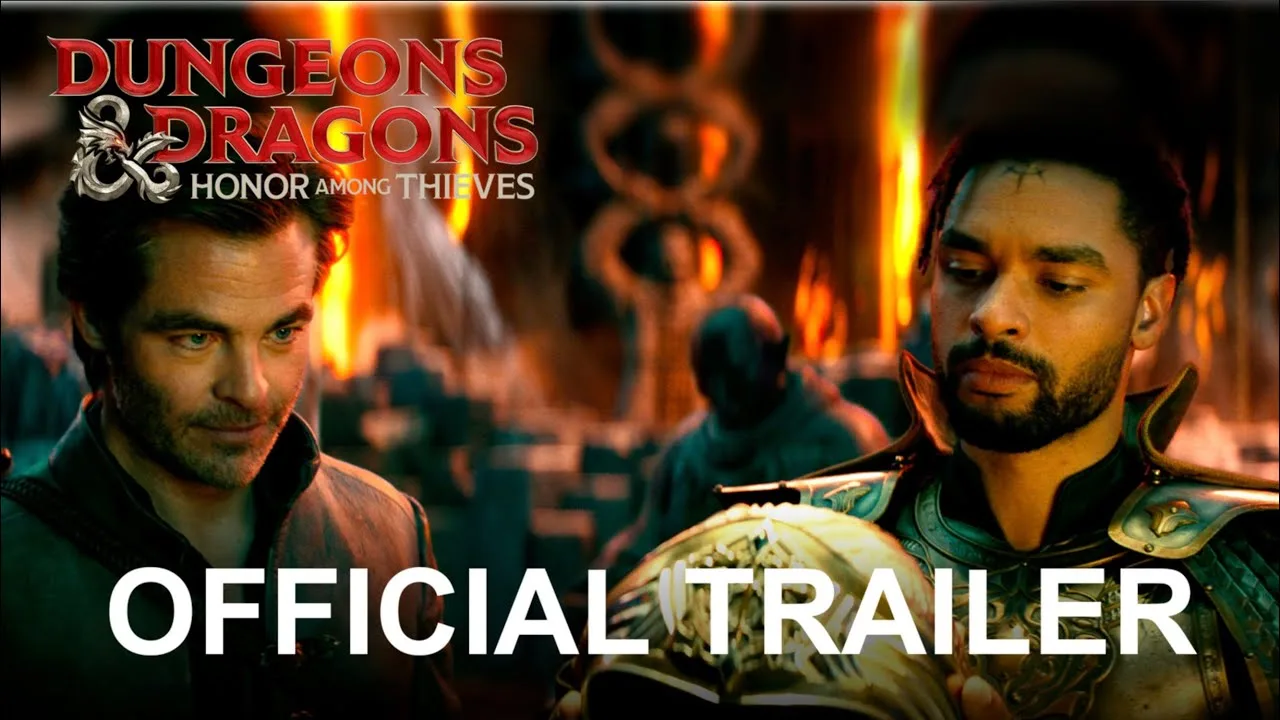 Chris Pine as Edgin and Regé-Jean Page as Xenk side by side in the official Dungeons & Dragons: Honor Among Thieves trailer thumbnail.
