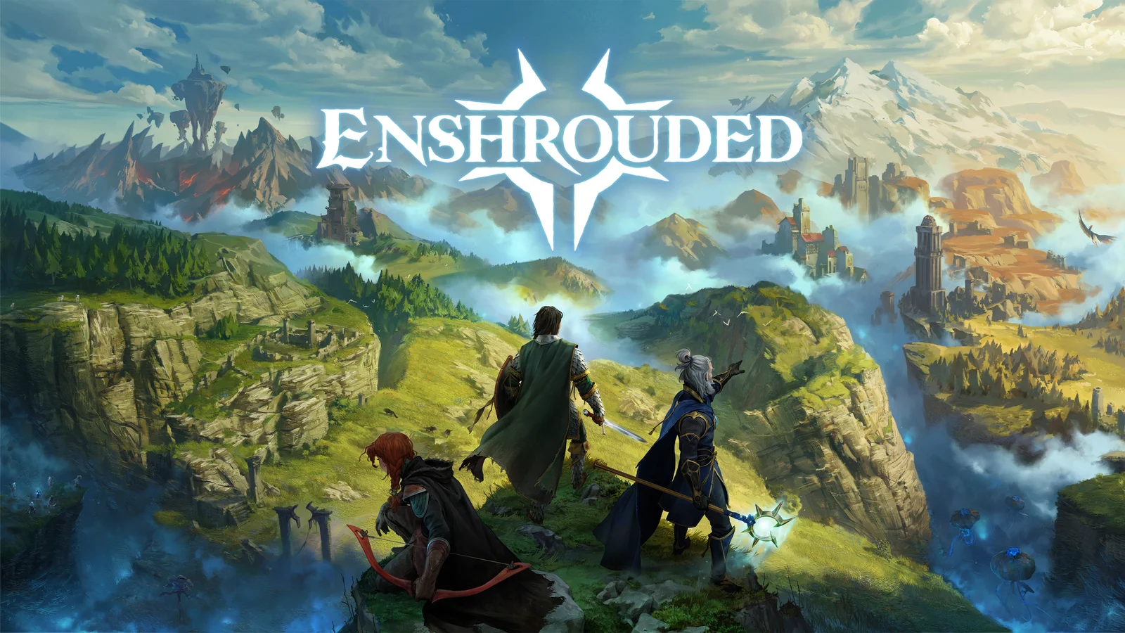 Official Enshrouded 1.0 artwork shows three adventurers on a cliff overlooking Embervale, with floating islands, mountains and the game logo above.