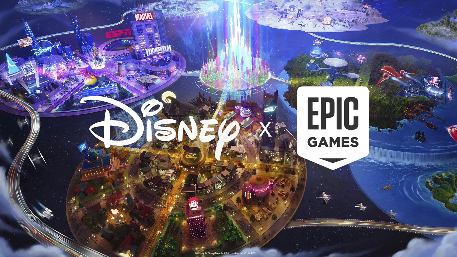 Disney and Epic Games' official 2024 concept artwork shows branded connected entertainment worlds around a central castle.