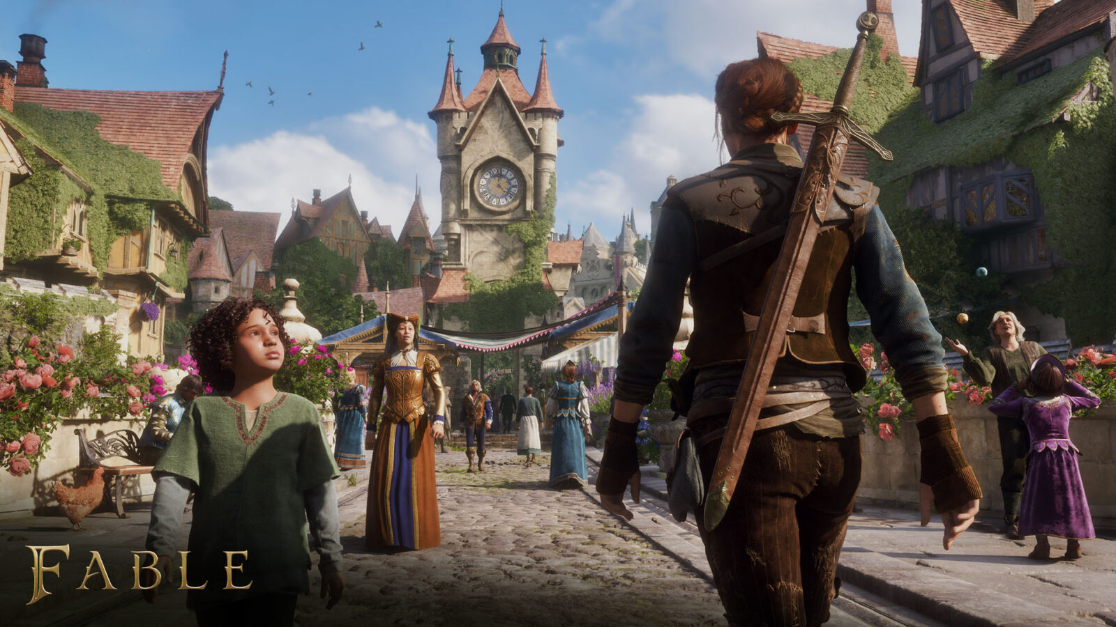 The Hero walking through Bowerstone in Fable with the city's clock tower and market ahead.