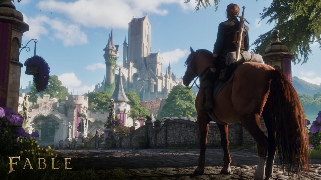 The Hero on horseback approaching Bowerstone in Fable.