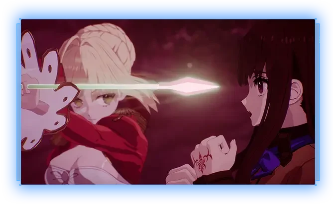 Saber facing an opponent in a Command Card battle sequence from Fate/EXTRA Record, with a glowing weapon effect between them.