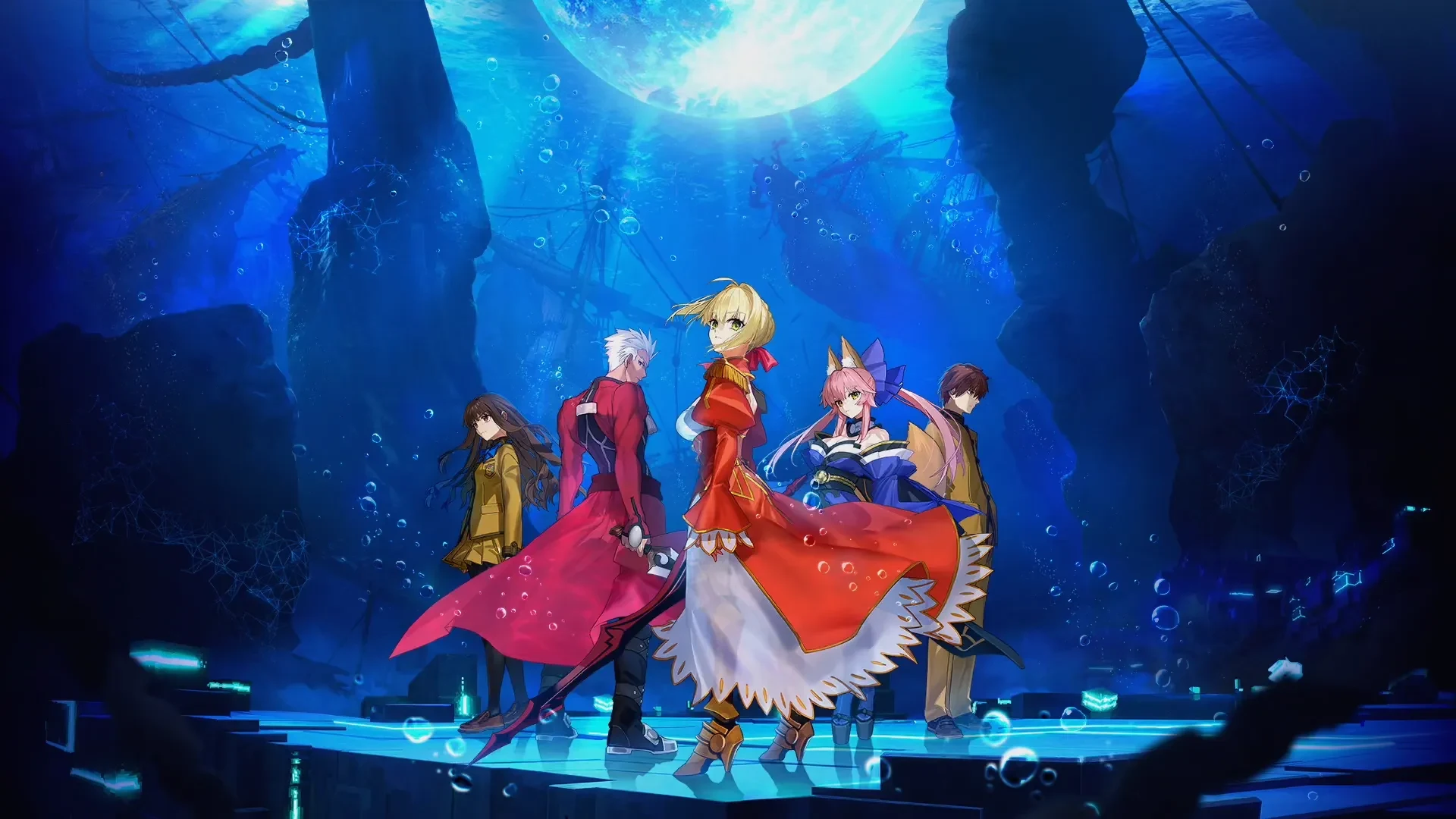 Official key art for Fate/EXTRA Record showing Hakuno Kishinami's party of Servants, including Saber, Archer and Caster, standing before a giant moon beneath the ocean.