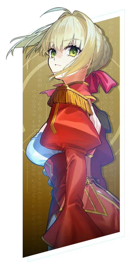 Character artwork of the Servant Saber from Fate/EXTRA Record, in her red and white outfit with blonde hair.