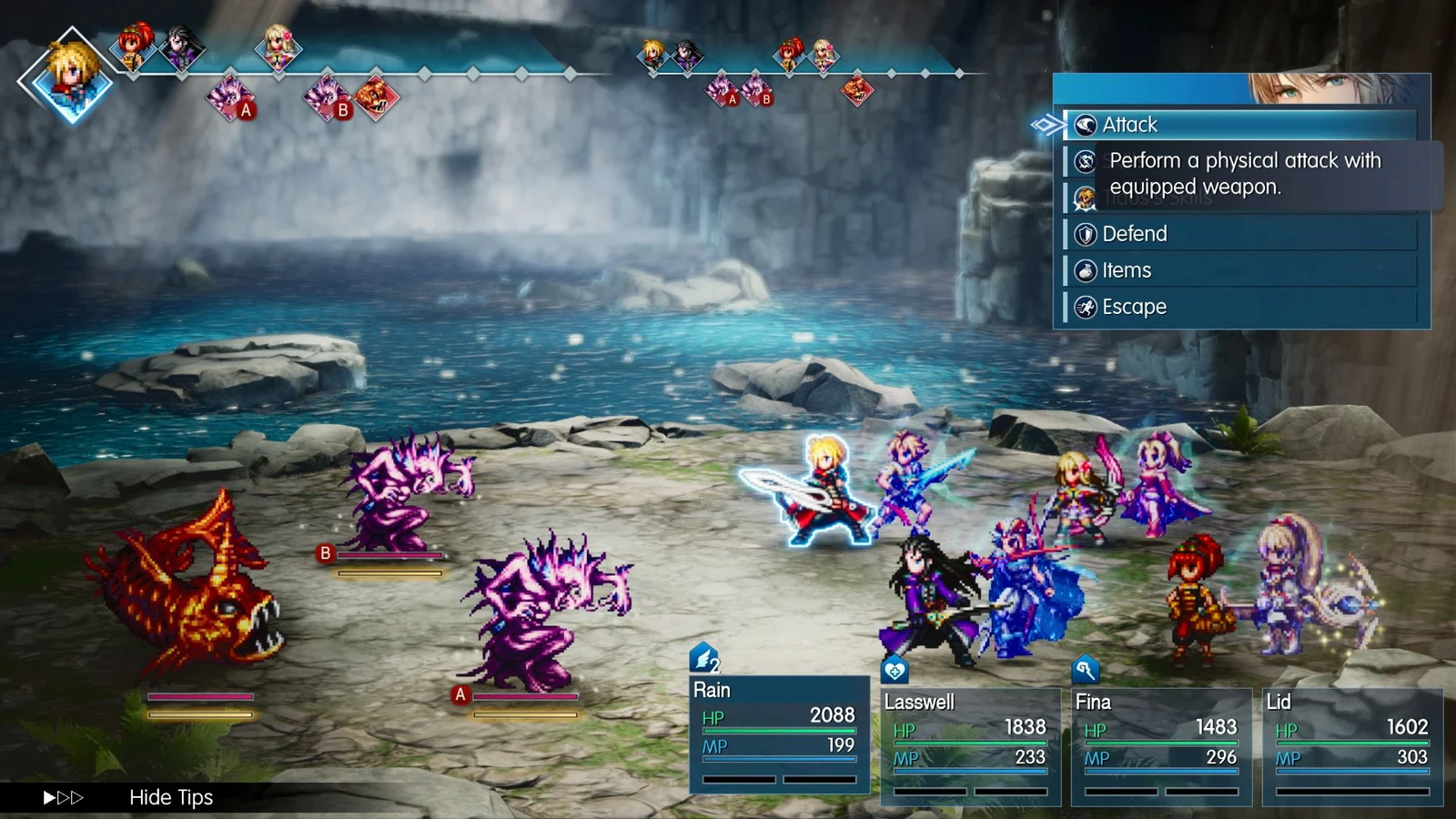 A battle screen in Final Fantasy Resonance showing the action timeline across the top, HP/MP for four party members, and the command menu.