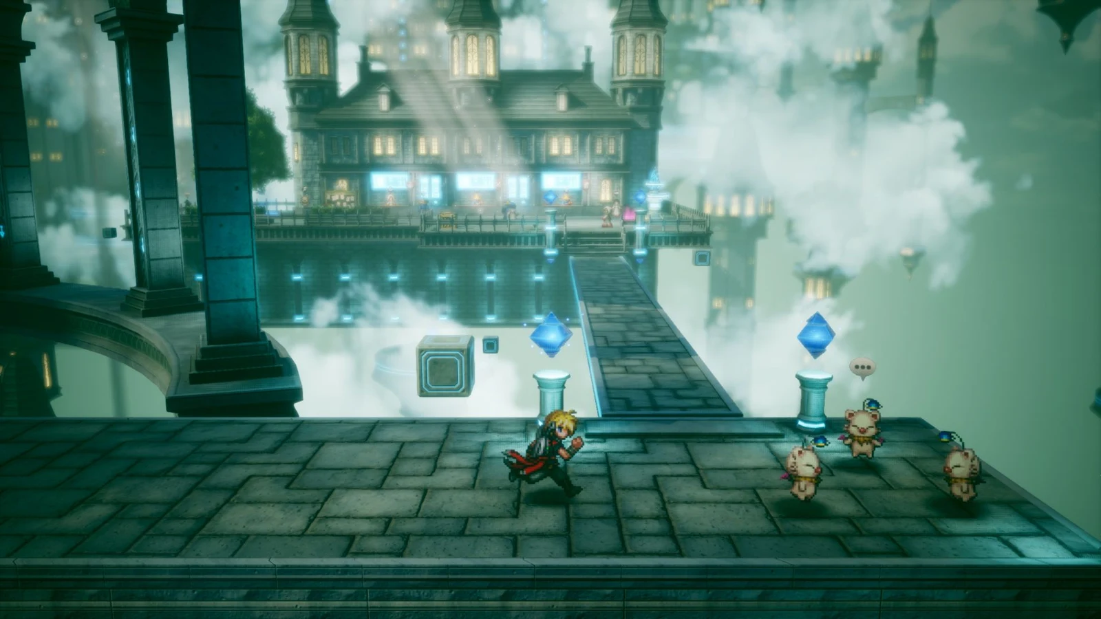 A pixel-art HD-2D field screen in Final Fantasy Resonance, showing a character running past moogles near a floating city.