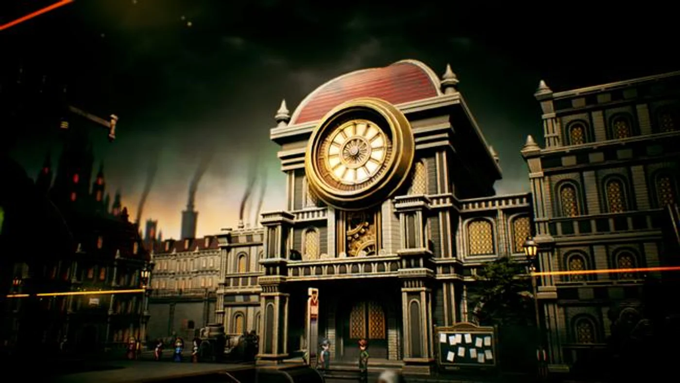 An HD-2D city street with a large clocktower in Final Fantasy Resonance.